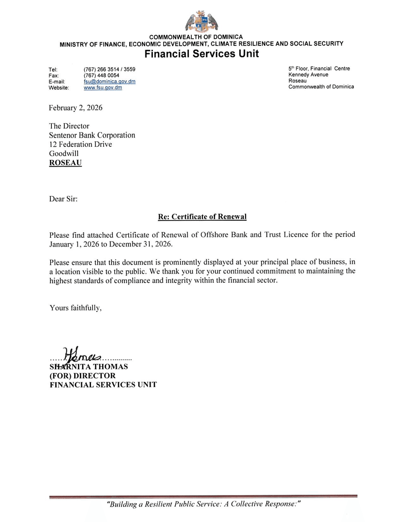 Certificate of Renewal — Offshore Bank & Trust Licence — document scan