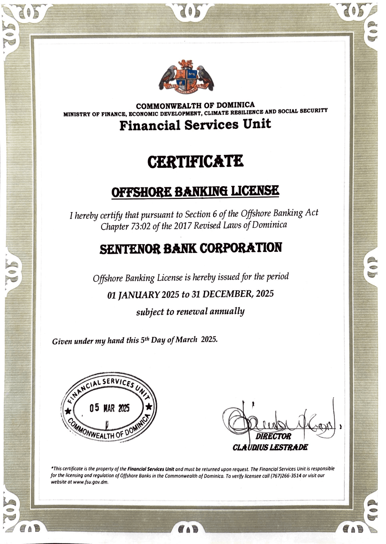 Offshore Banking License — document scan