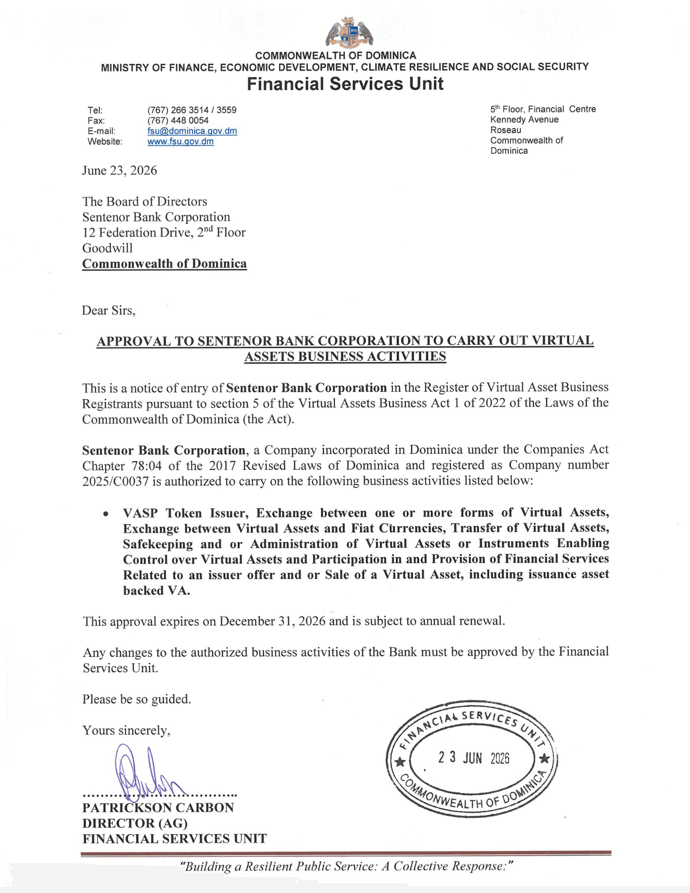 Virtual Assets Business Approval — document scan