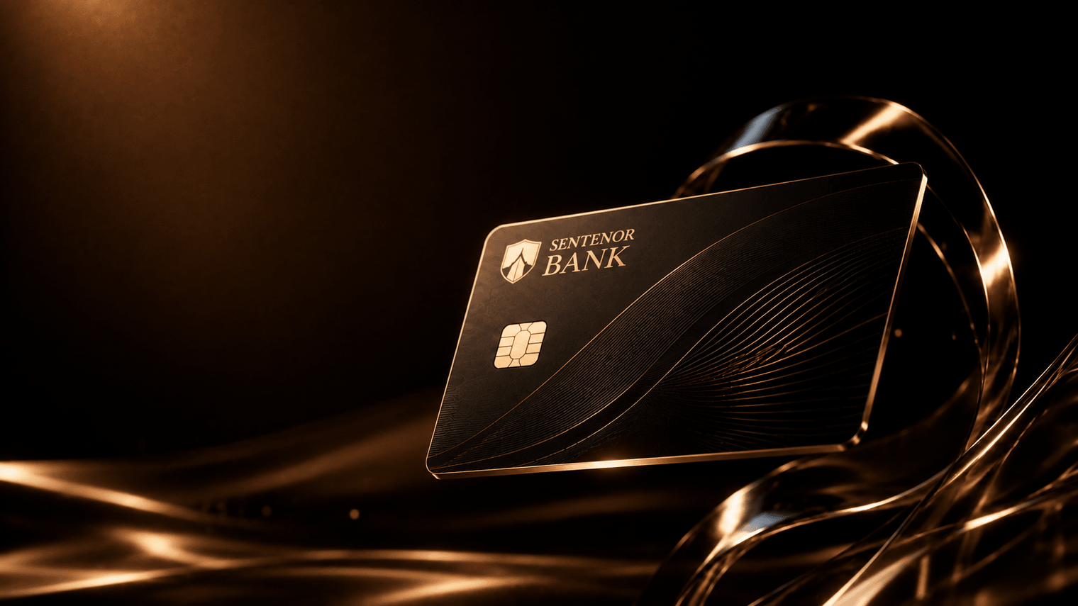 Sentenor black and gold debit card carrying the bank's shield mark