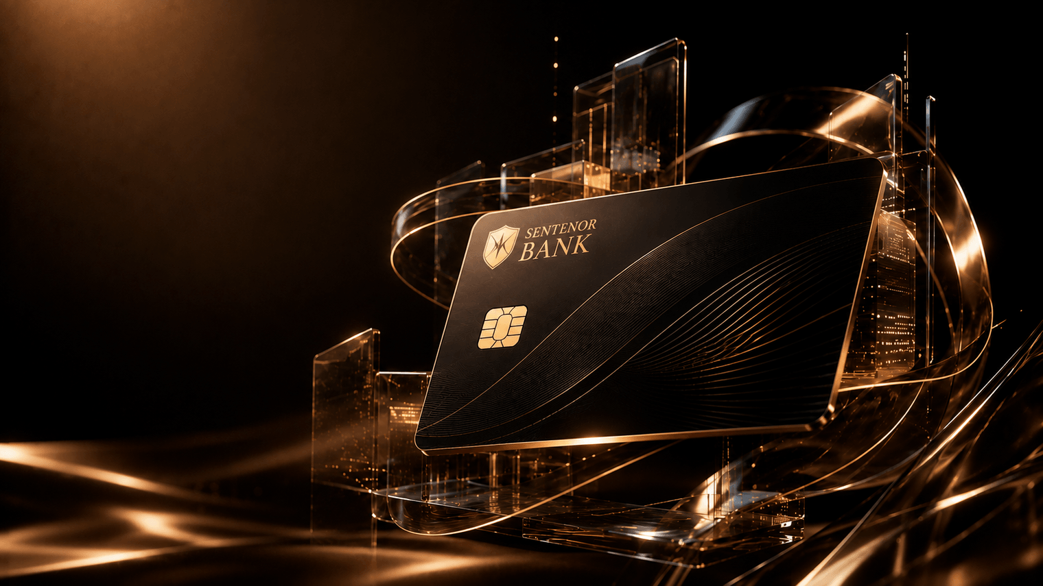Sentenor corporate card, bearing the bank's shield mark, against a glass city skyline