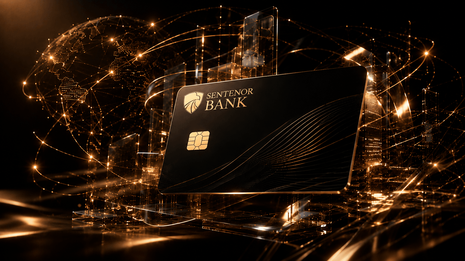 Sentenor card, bearing the bank's shield mark, over a glowing global payments network