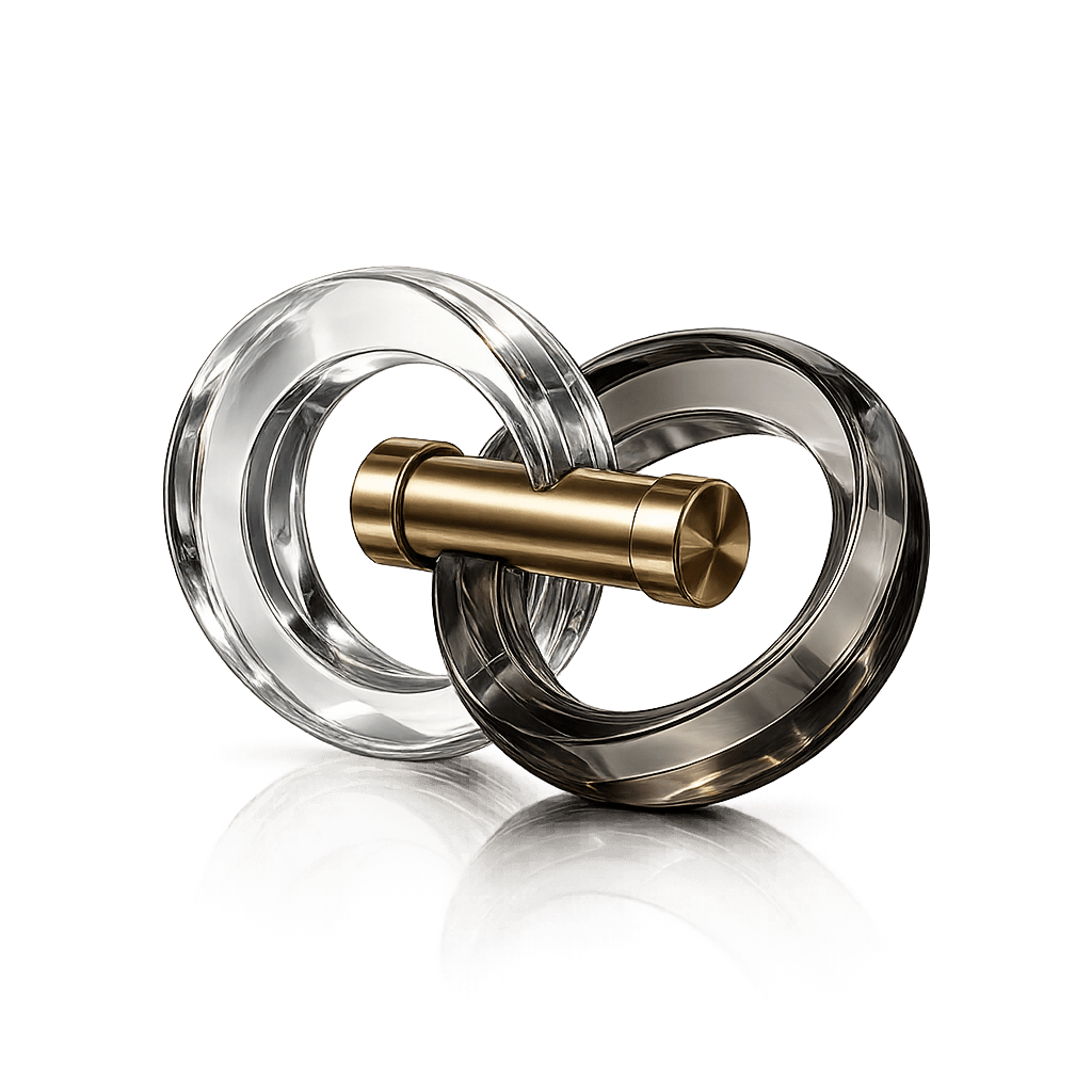Interlinked crystal and bronze rings — a lasting corporate relationship
